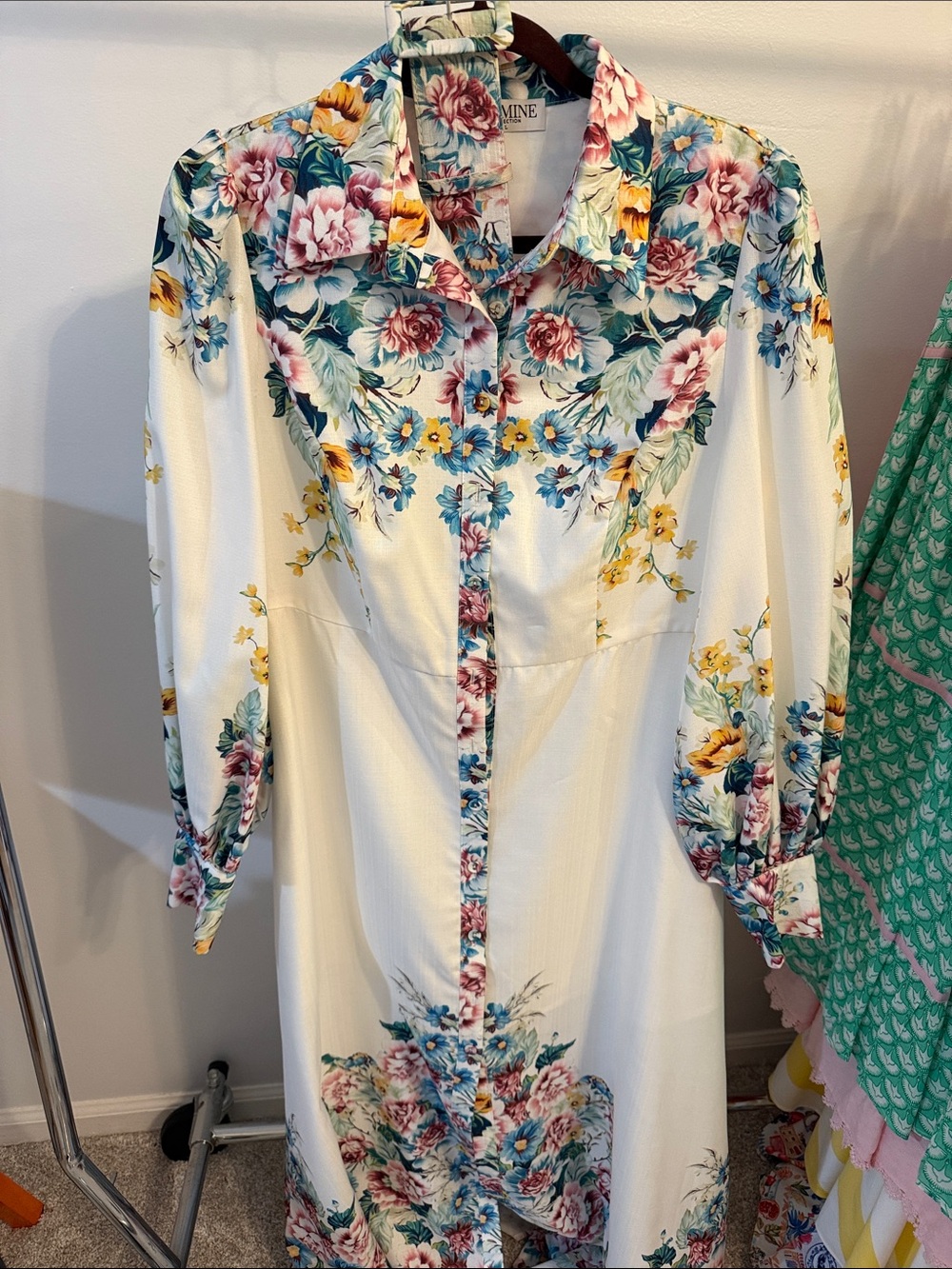 Floral Button-Front Cream Long Sleeve Dress with Pink & Blue Blooms - Picture 3 of 10